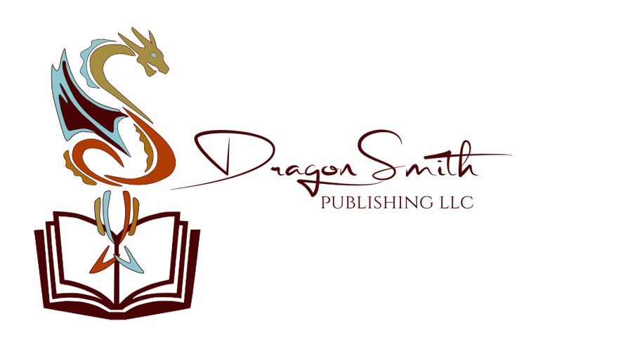 DragonSmith Publishing LLC stylized dragon in sunset colors rising from an open book